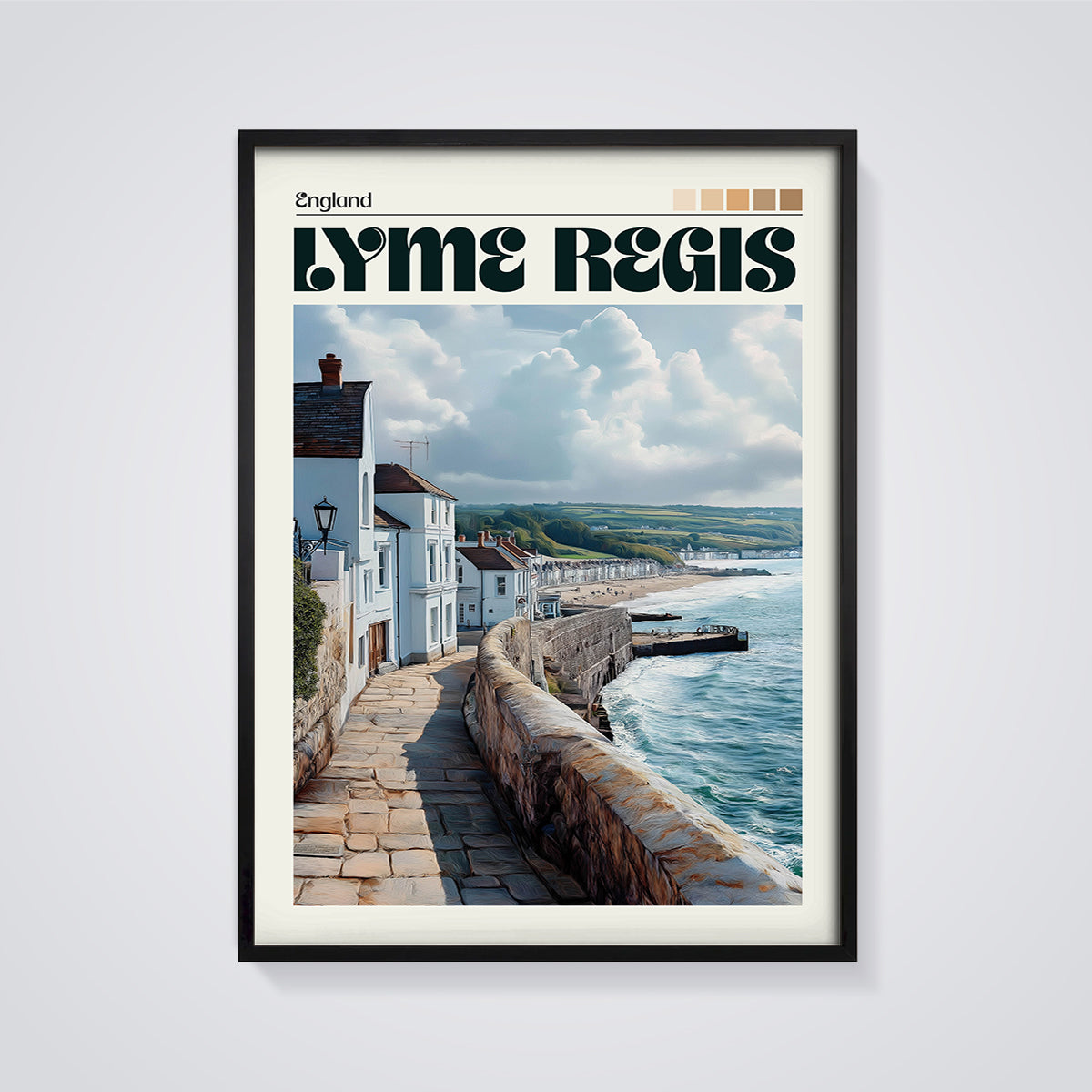 Lyme Regis England Print framed in black on a grey background