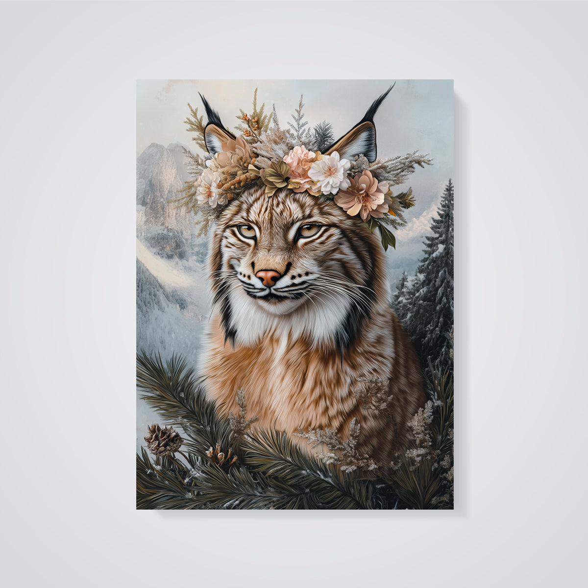 Lynx with Floral Crown Print unframed on a grey background