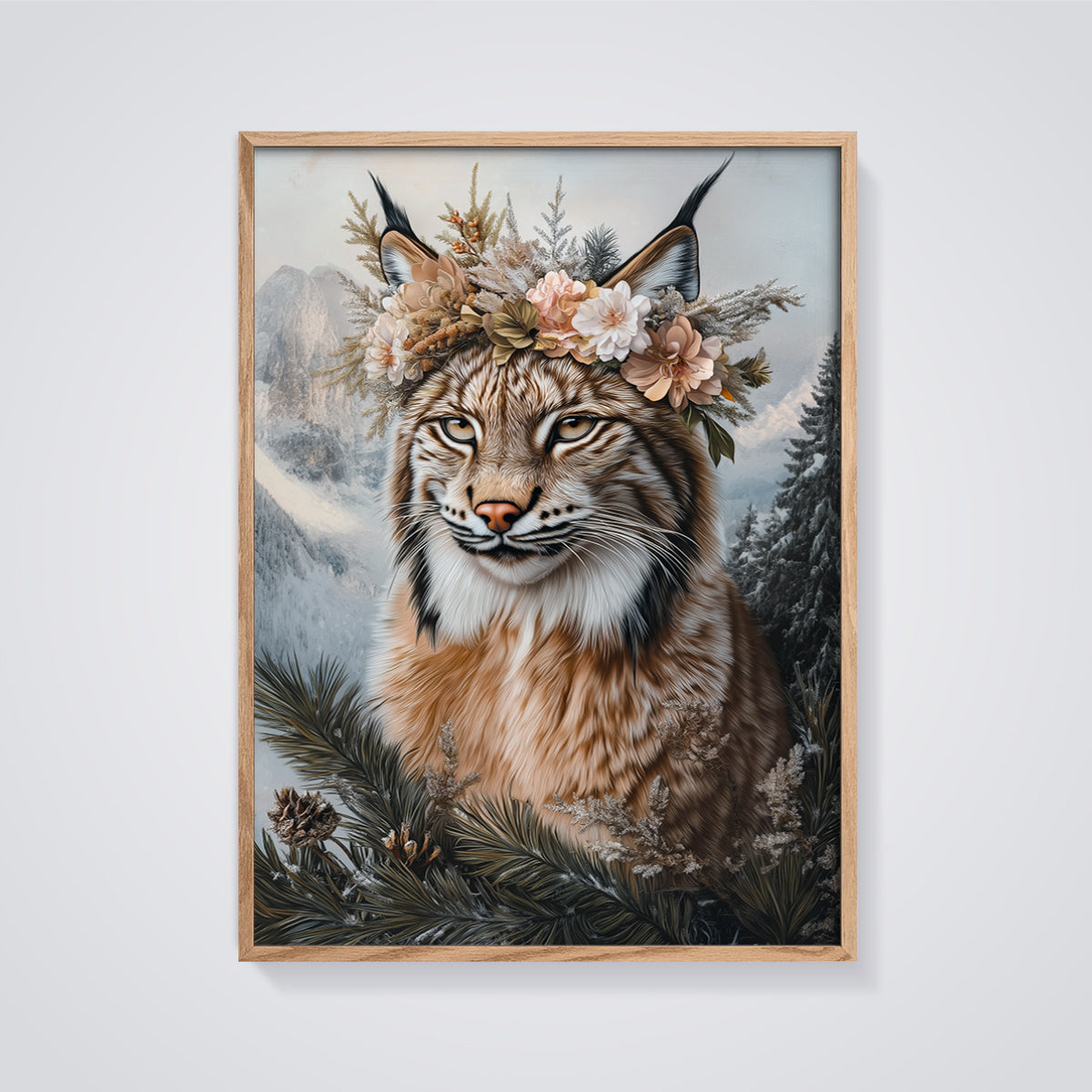 Lynx with Floral Crown Print framed in oak on a grey background