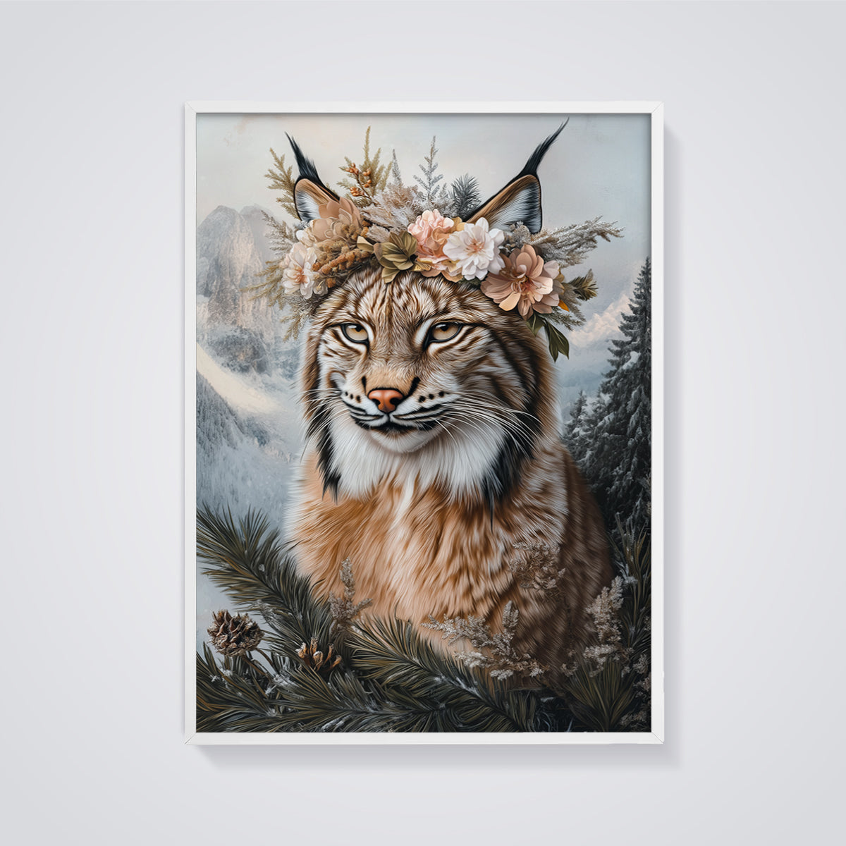 Lynx with Floral Crown Print framed in white on a grey background