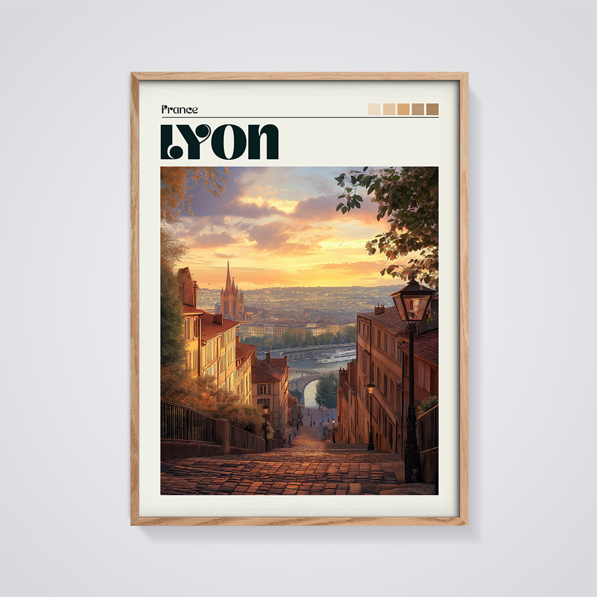 Lyon Sunset Cobblestone Print framed in oak on a grey background