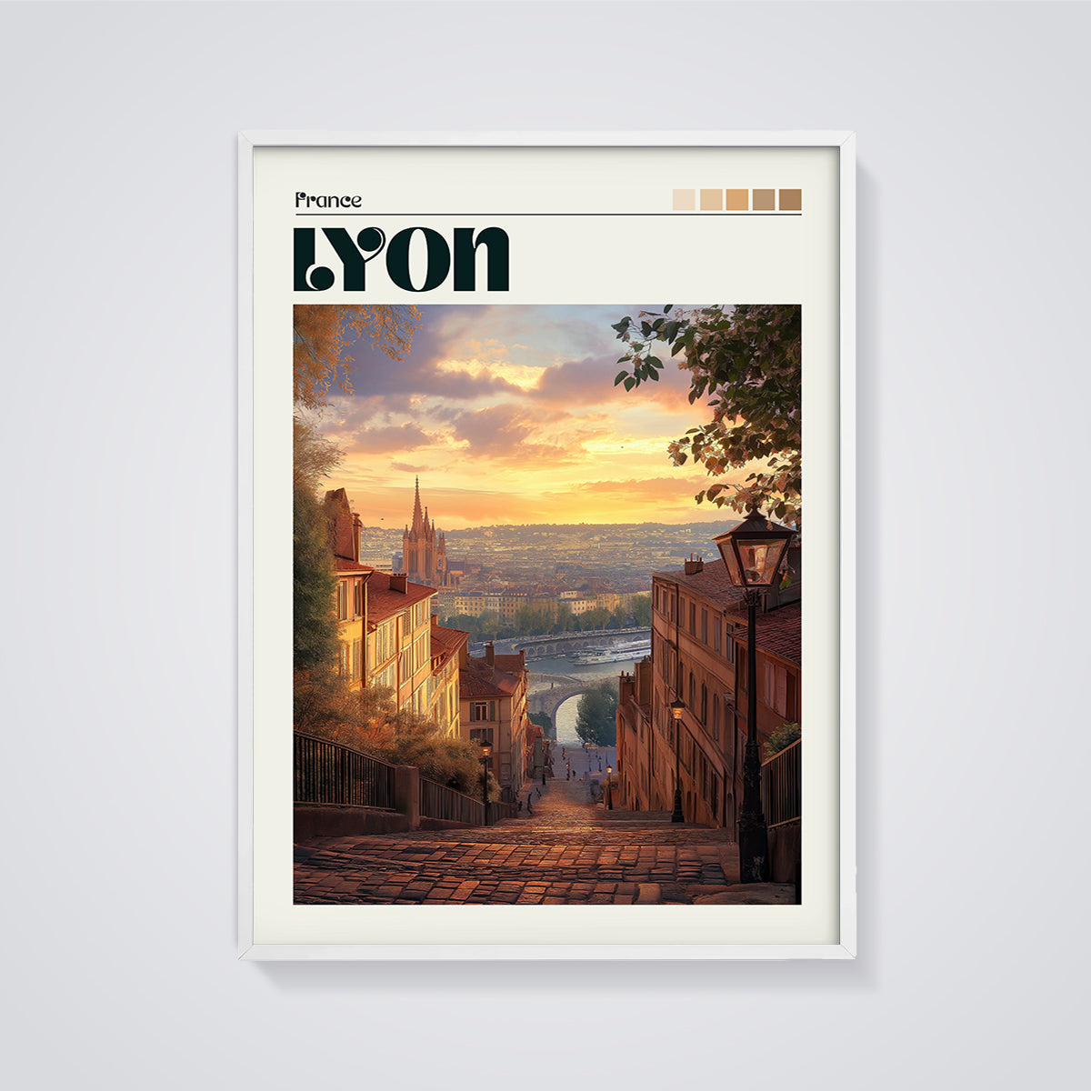 Lyon Sunset Cobblestone Print framed in white on a grey background