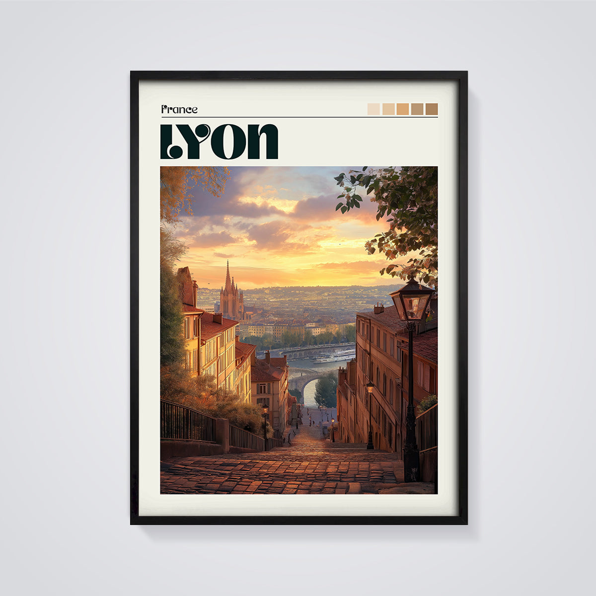 Lyon Sunset Cobblestone Print framed in black on a grey background