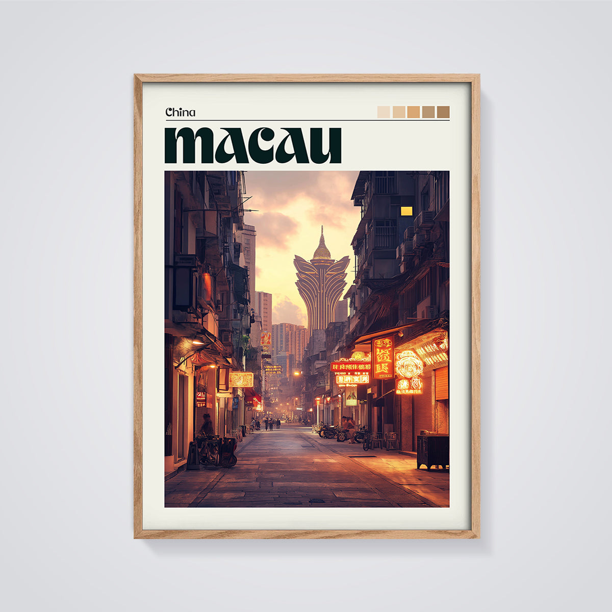 Macau Grand Lisboa Print framed in oak on a grey background