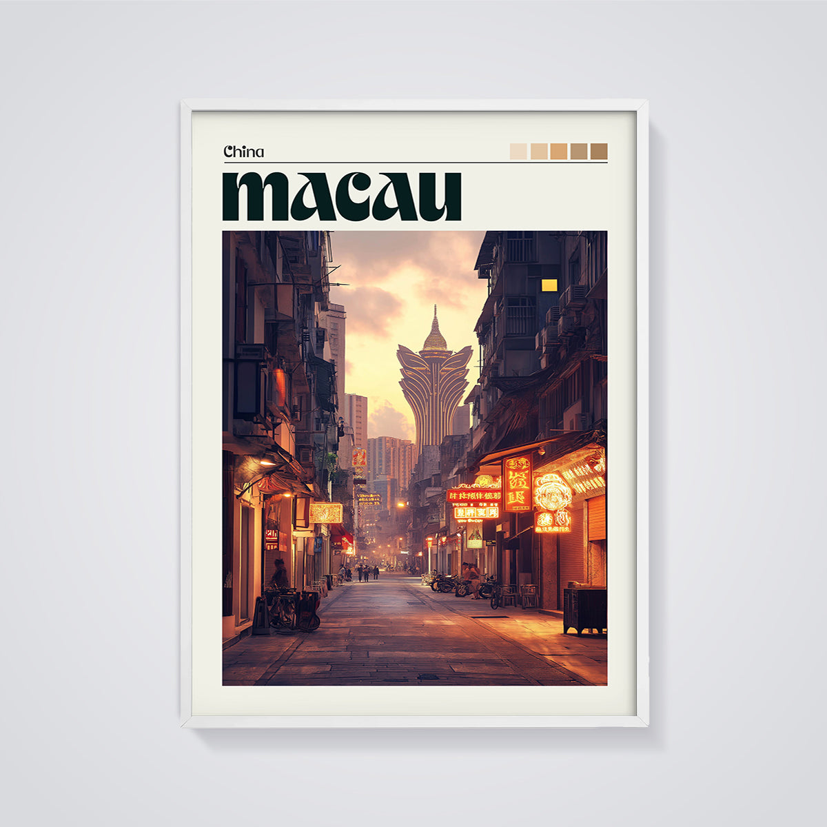 Macau Grand Lisboa Print framed in white on a grey background