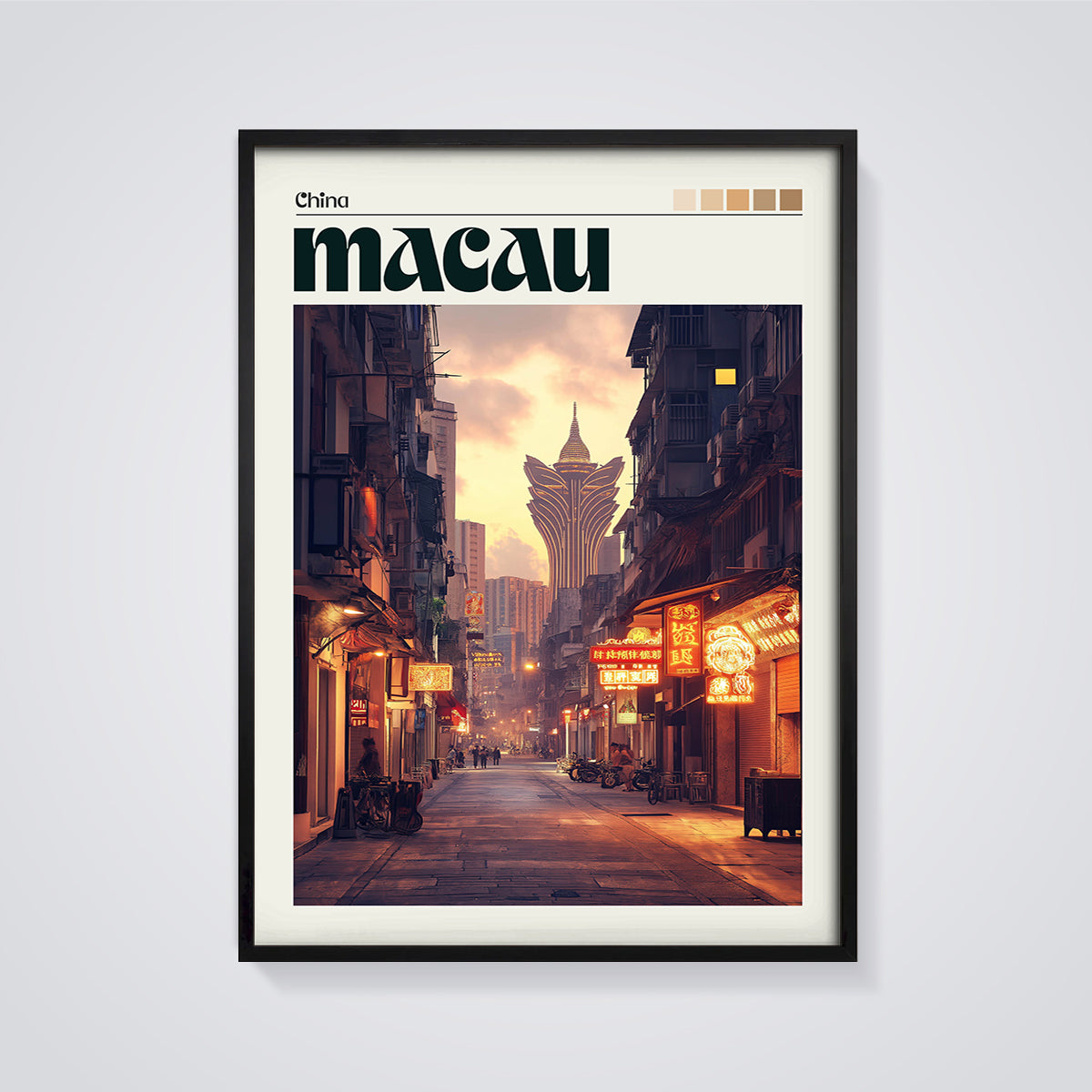 Macau Grand Lisboa Print framed in black on a grey background