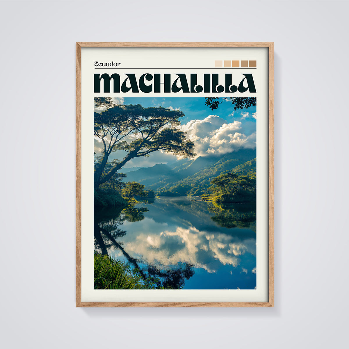 Machalilla, Ecuador Lake Reflection Print framed in oak on a grey background