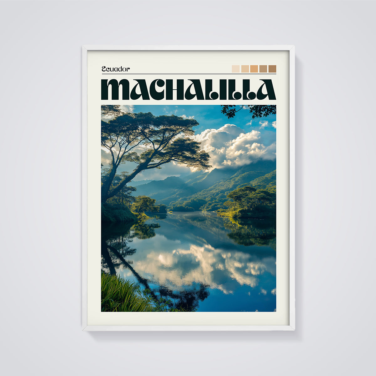 Machalilla, Ecuador Lake Reflection Print framed in white on a grey background