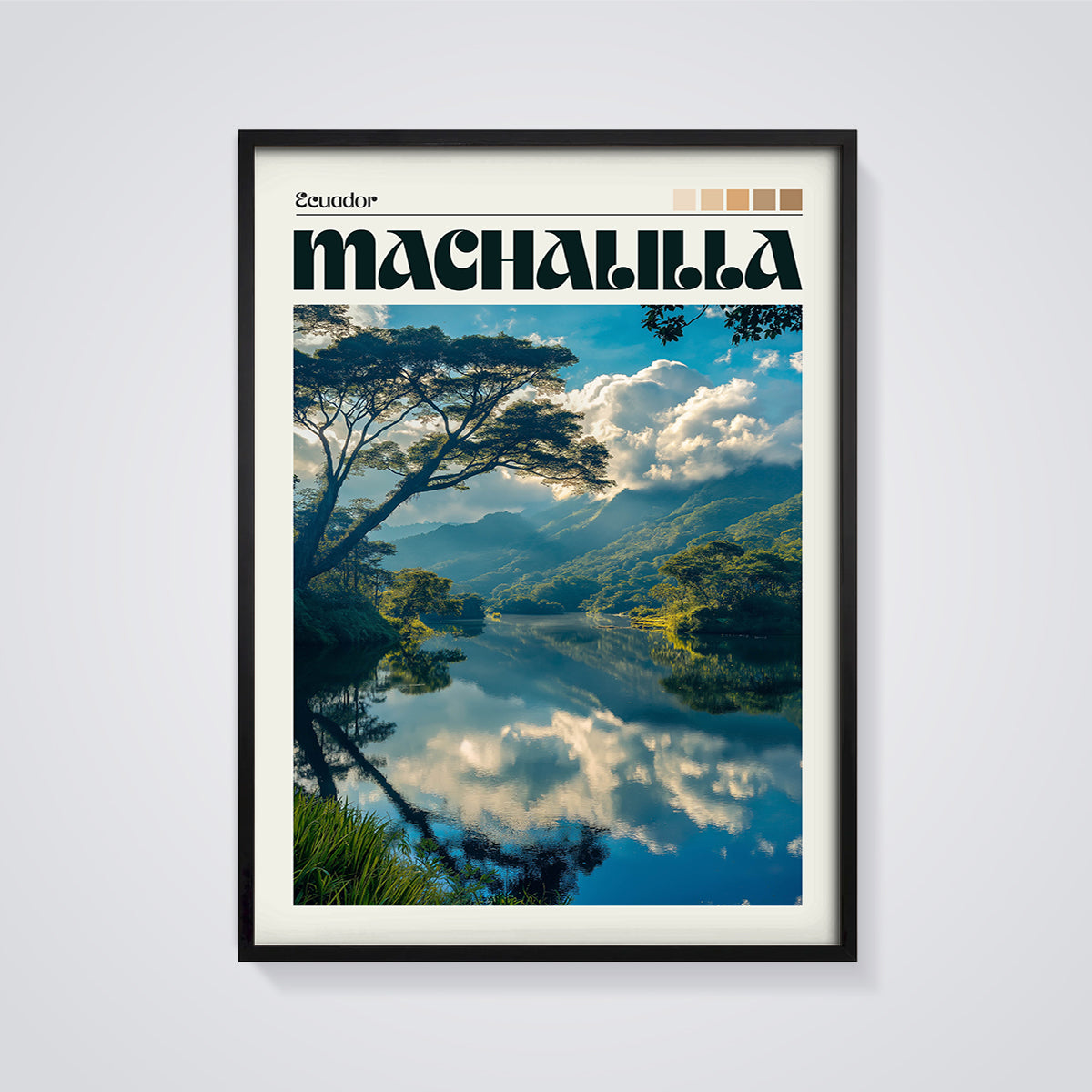 Machalilla, Ecuador Lake Reflection Print framed in black on a grey background