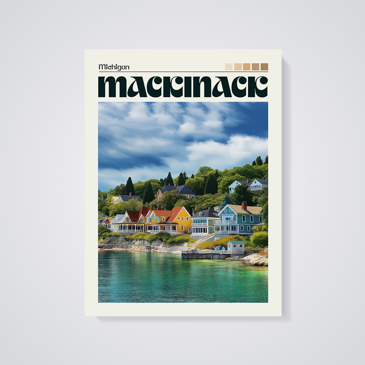 Mackinac Michigan Houses Print unframed on a grey background