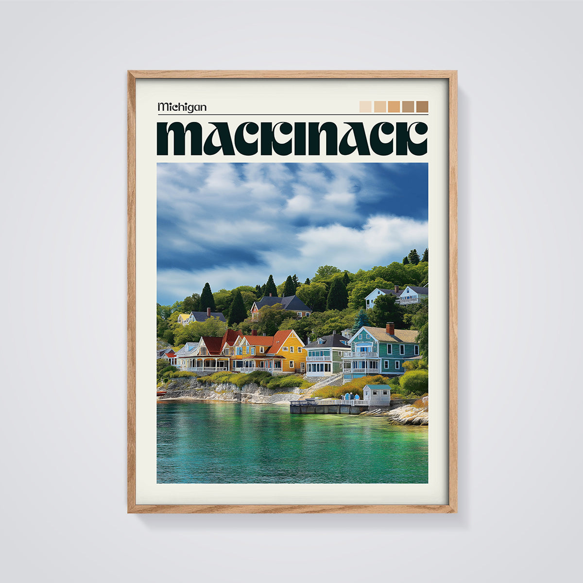 Mackinac Michigan Houses Print framed in oak on a grey background