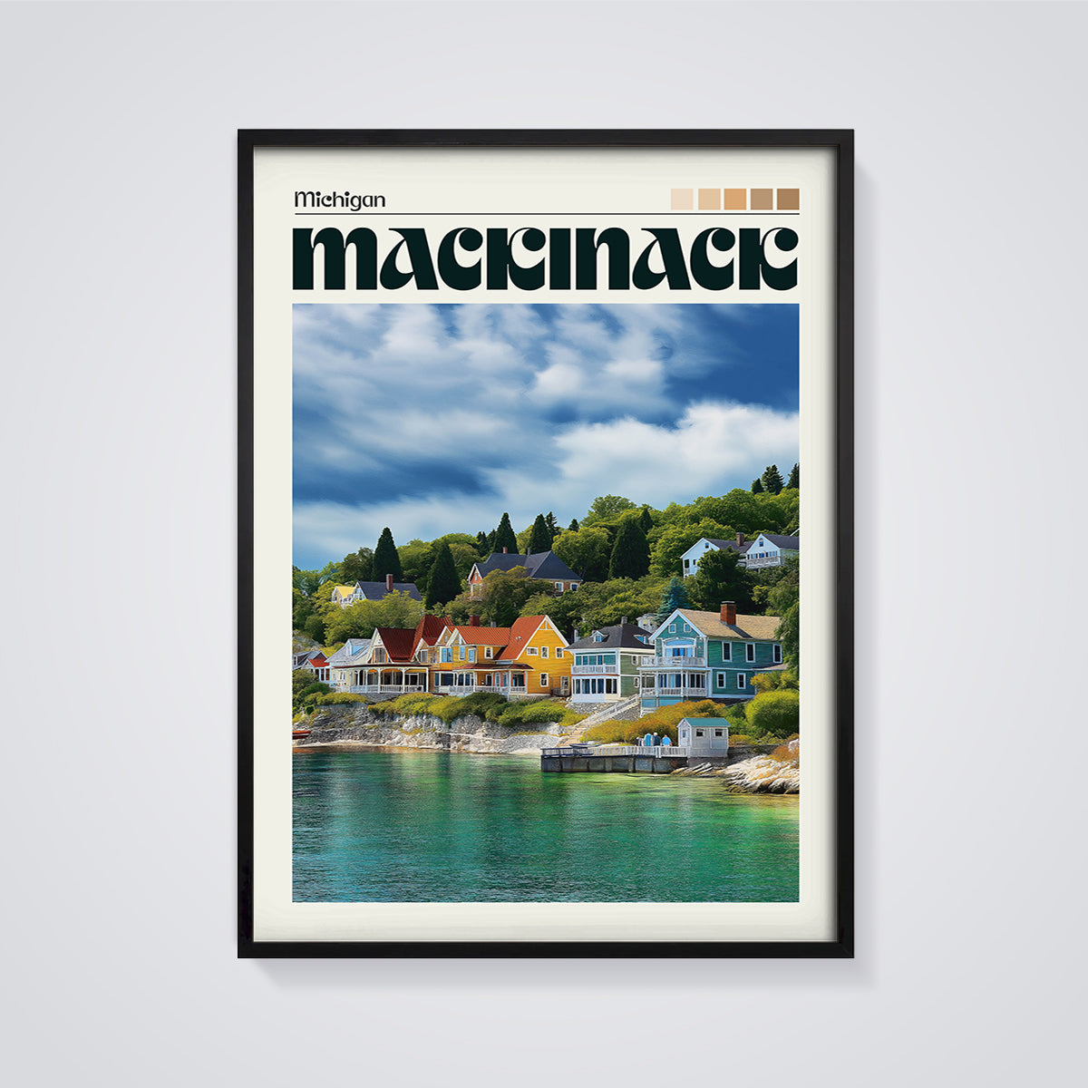 Mackinac Michigan Houses Print framed in black on a grey background