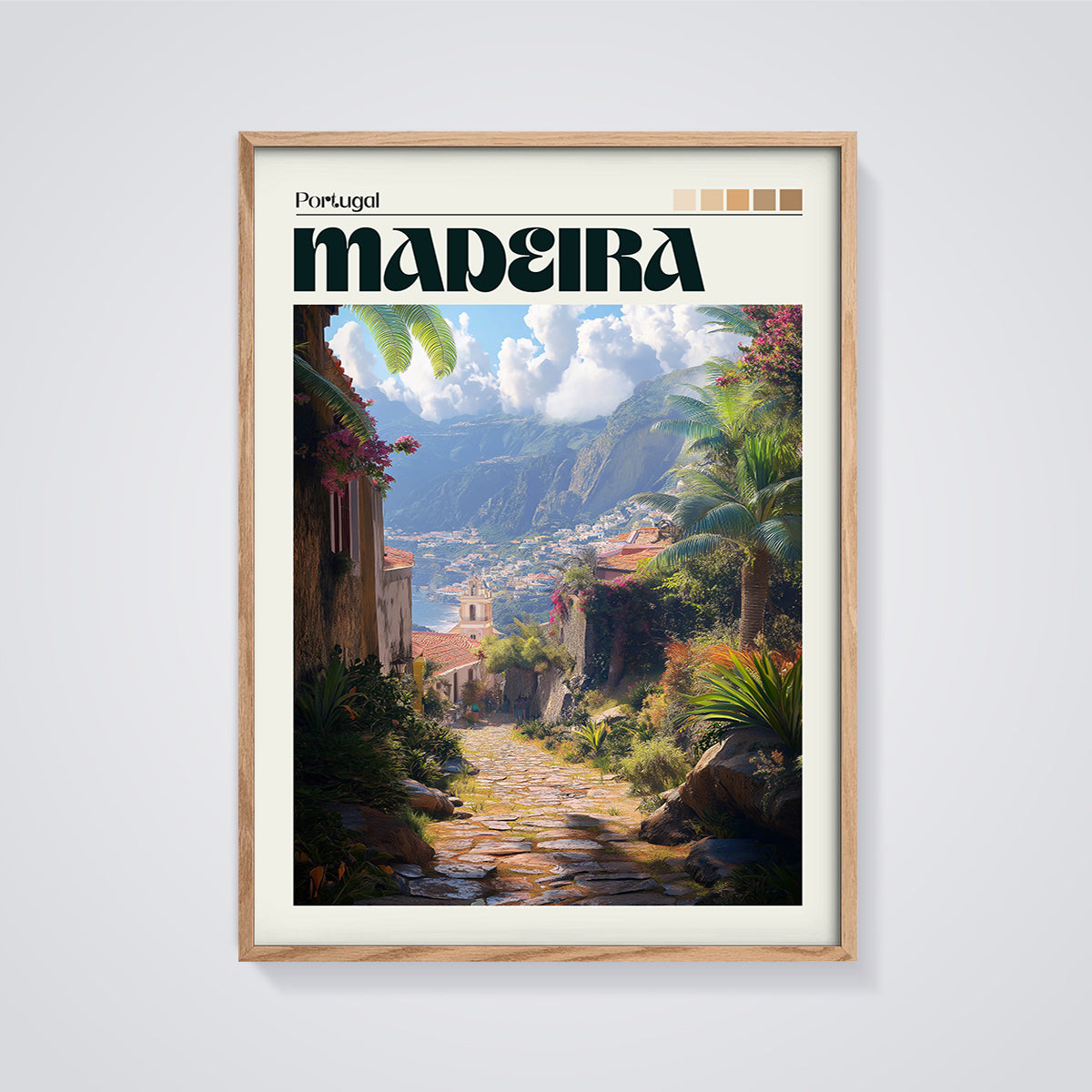 Madeira Island Path Print framed in oak on a grey background