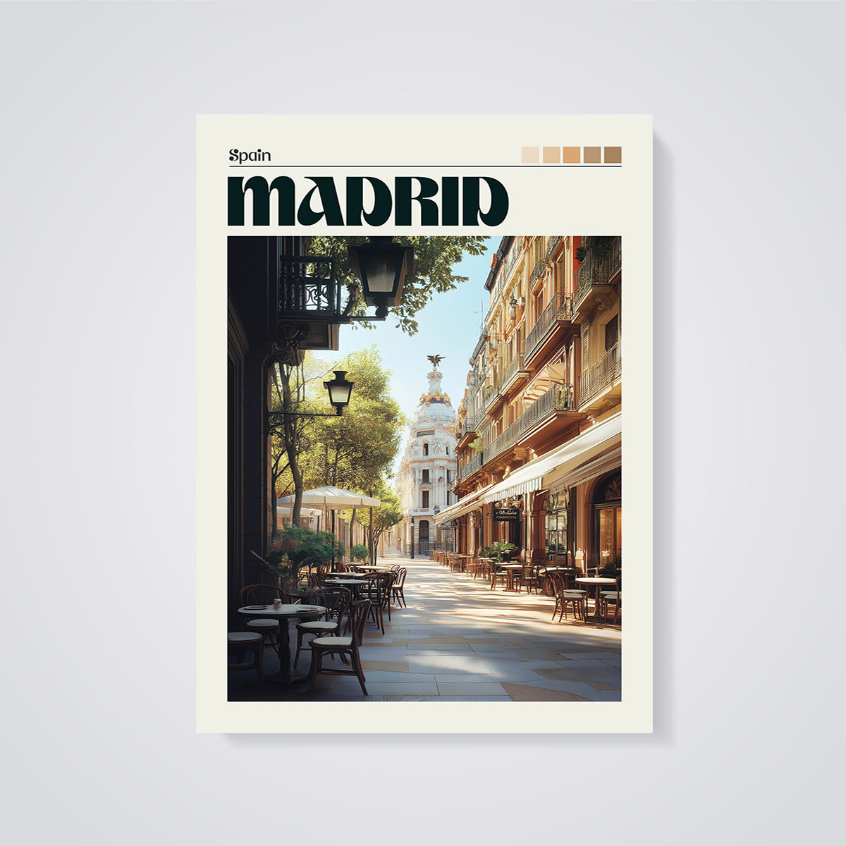 Madrid Cafe Street Print unframed on a grey background