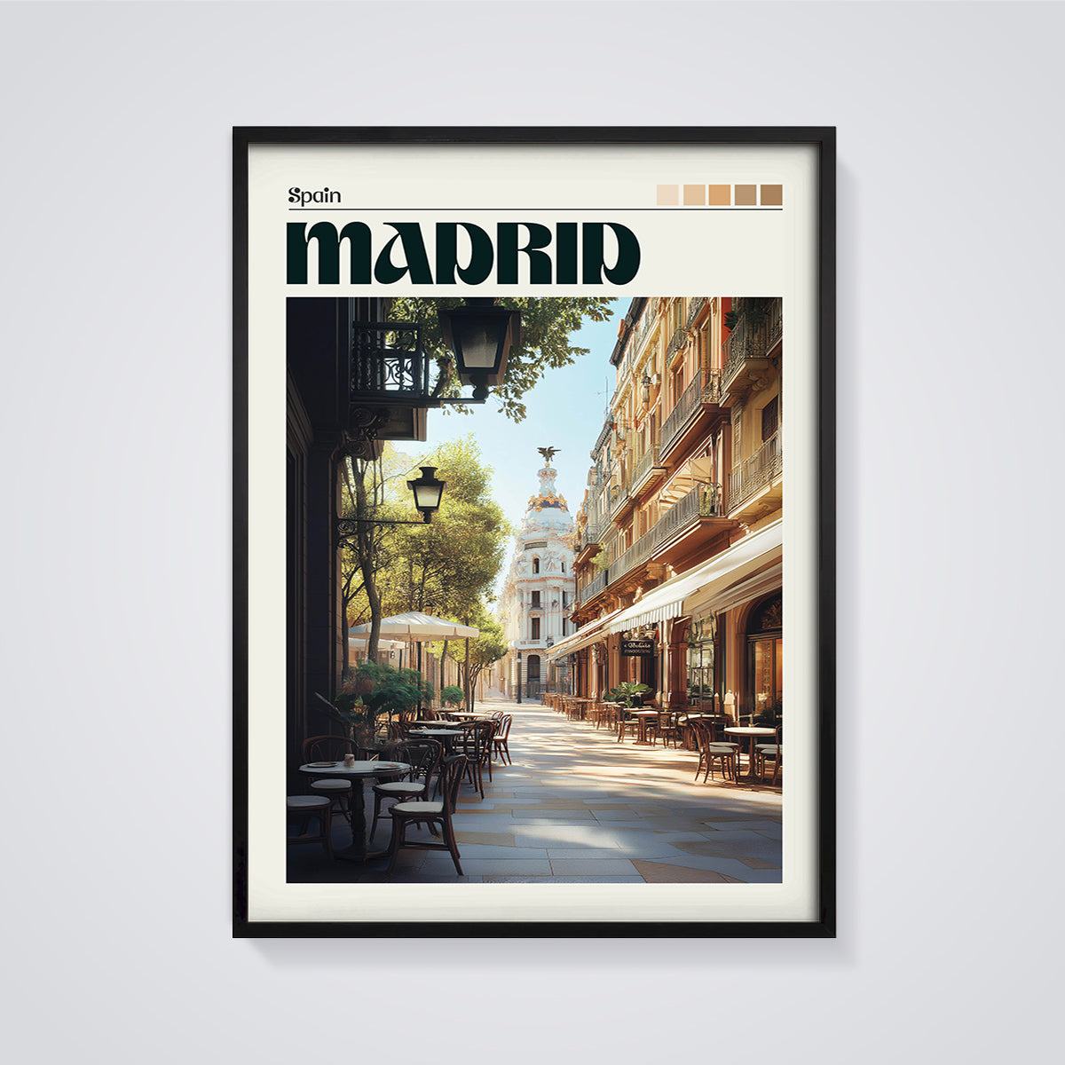 Madrid Cafe Street Print framed in black on a grey background