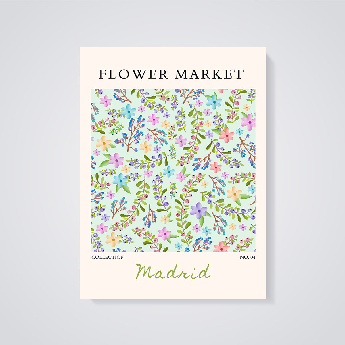 Madrid Flower Market Floral Print unframed on a grey background