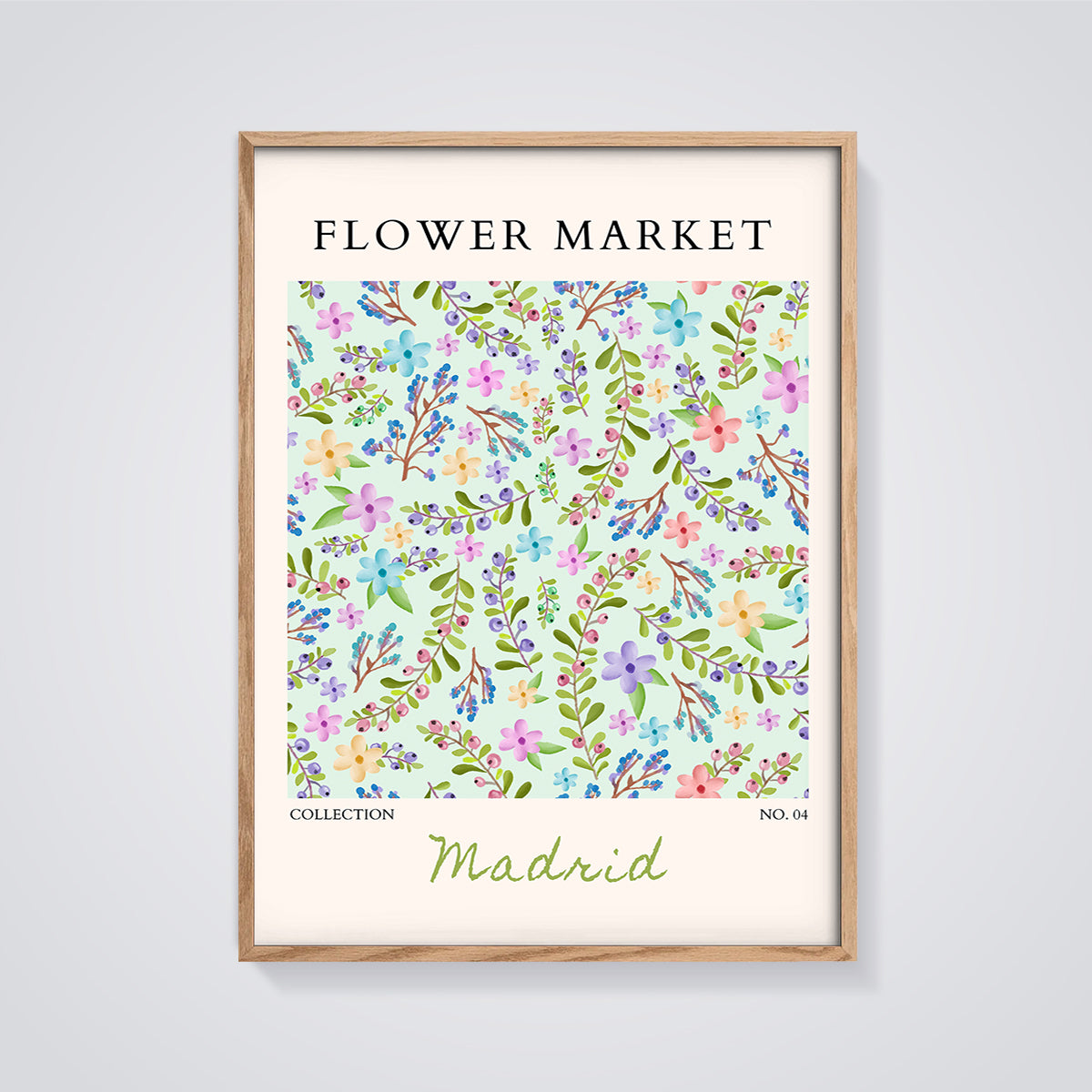 Madrid Flower Market Floral Print framed in oak on a grey background