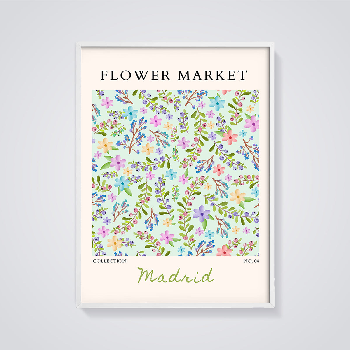 Madrid Flower Market Floral Print framed in white on a grey background