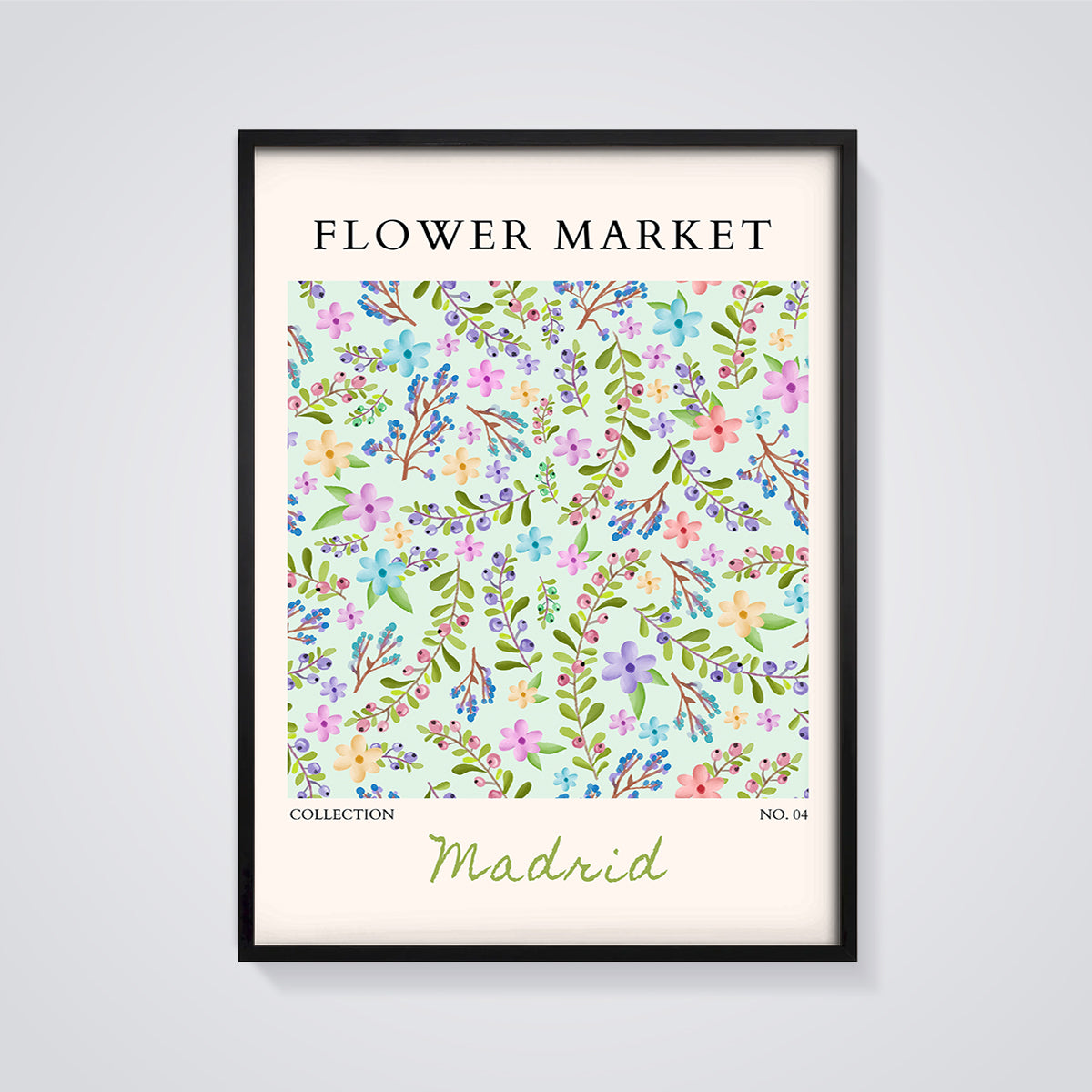 Madrid Flower Market Floral Print framed in black on a grey background