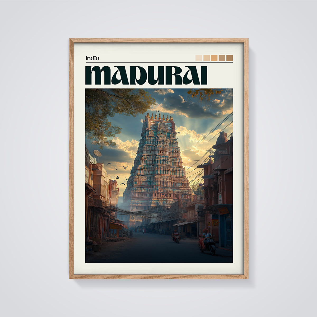 Madurai Temple Street Print framed in oak on a grey background