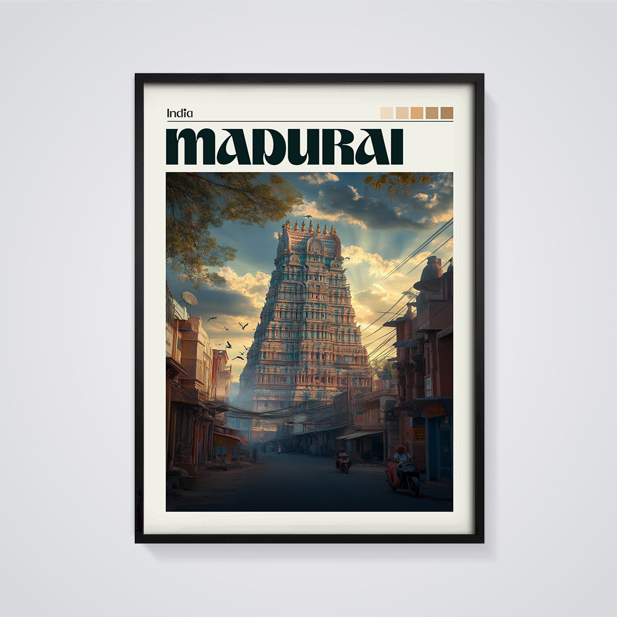 Madurai Temple Street Print framed in black on a grey background