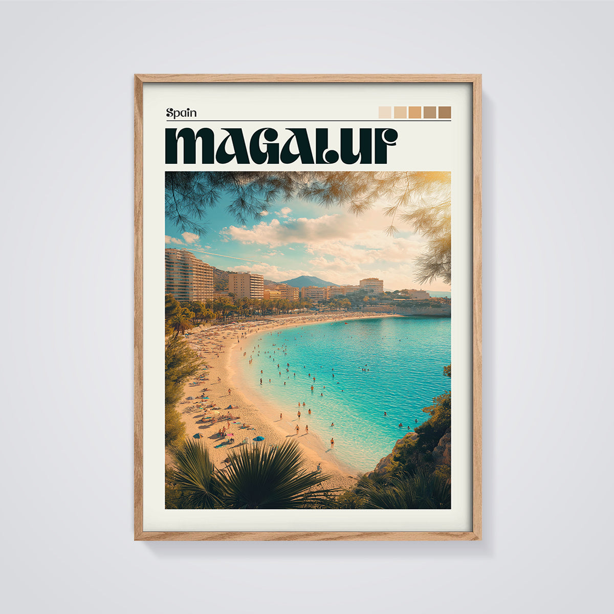Magaluf Beach Spain Print framed in oak on a grey background