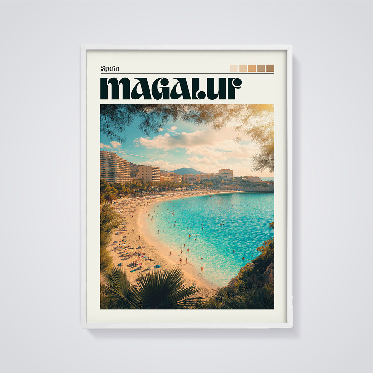 Magaluf Beach Spain Print framed in white on a grey background