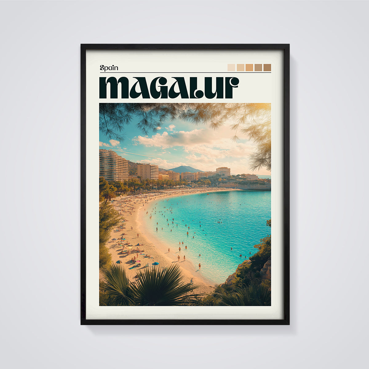 Magaluf Beach Spain Print framed in black on a grey background