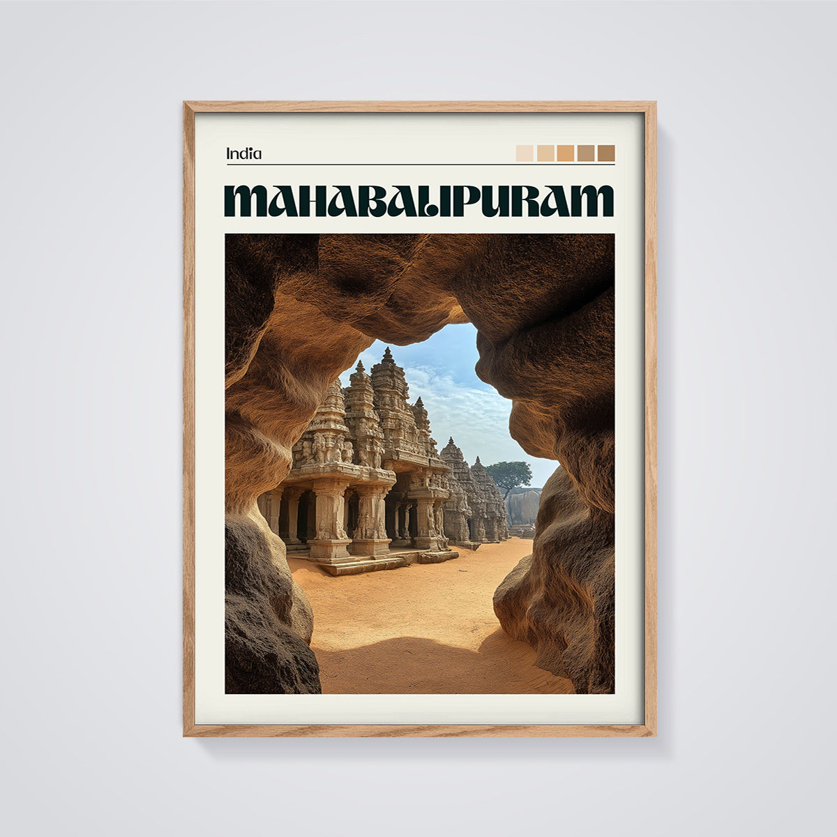 Mahabalipuram Temple Cave View Print framed in oak on a grey background