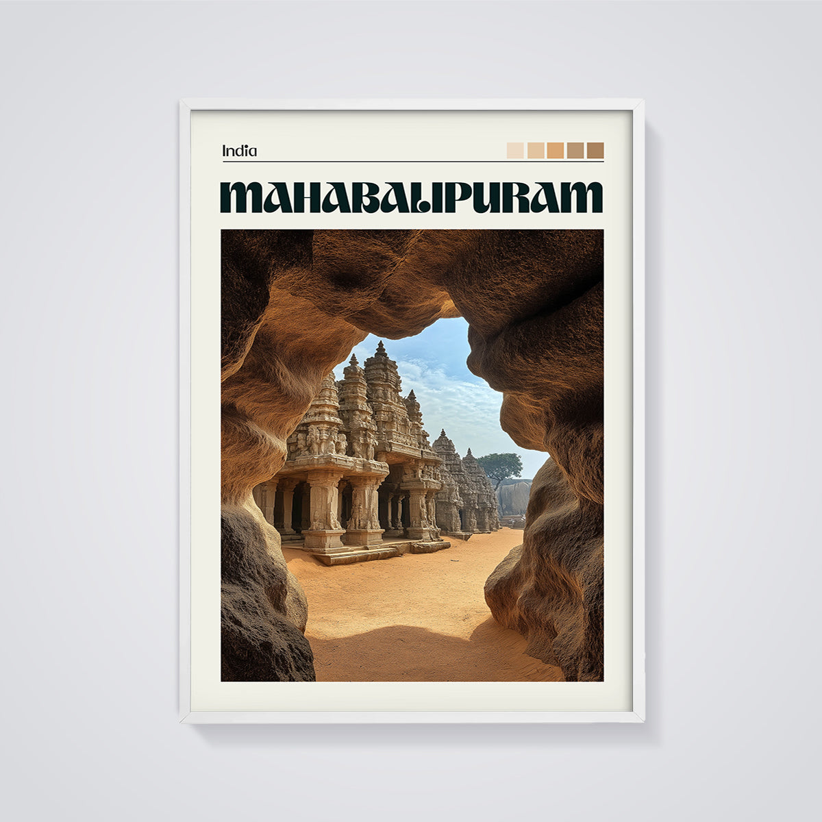 Mahabalipuram Temple Cave View Print framed in white on a grey background