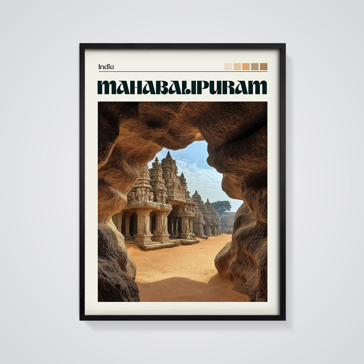 Mahabalipuram Temple Cave View Print framed in black on a grey background