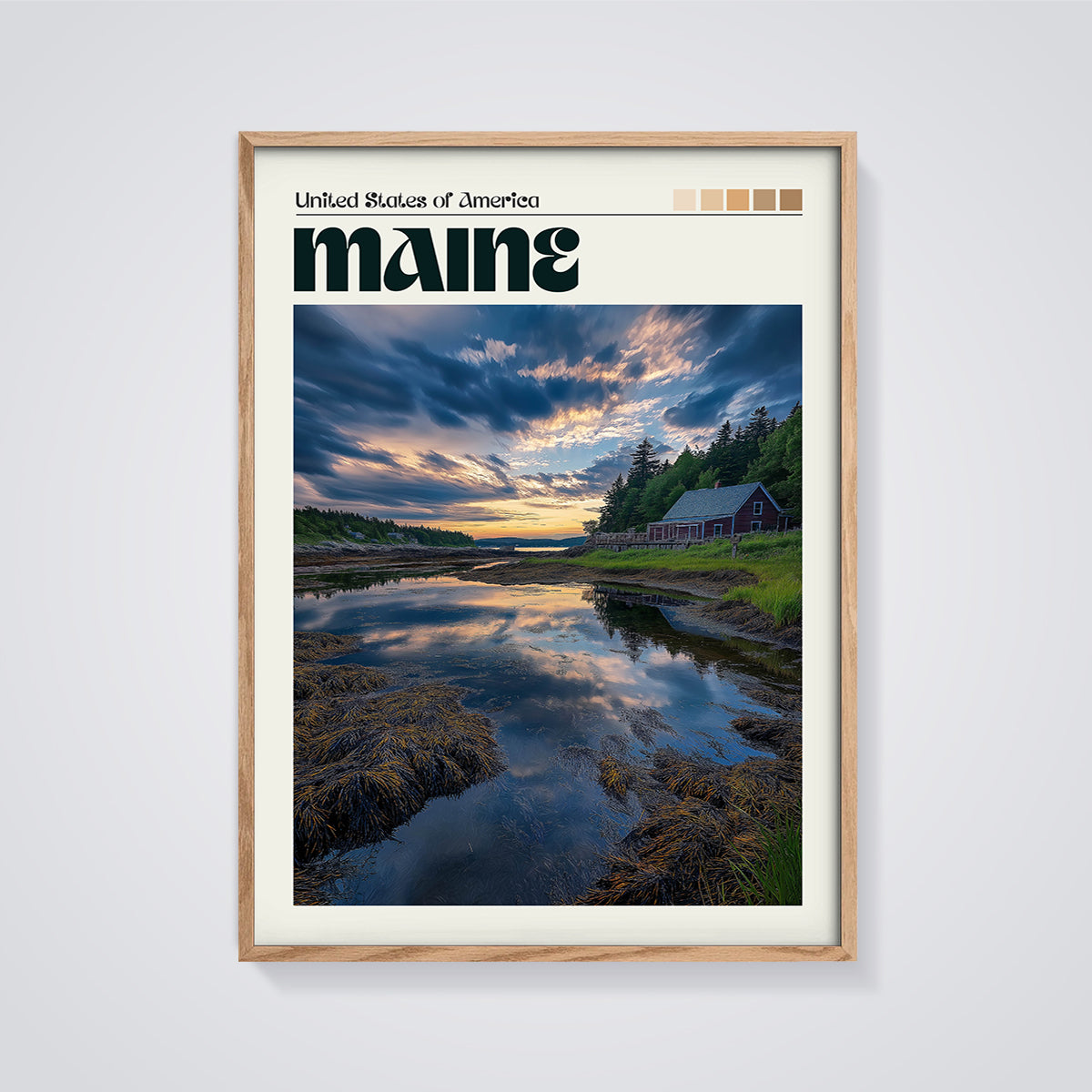 Maine Coastal House Sunset Print framed in oak on a grey background