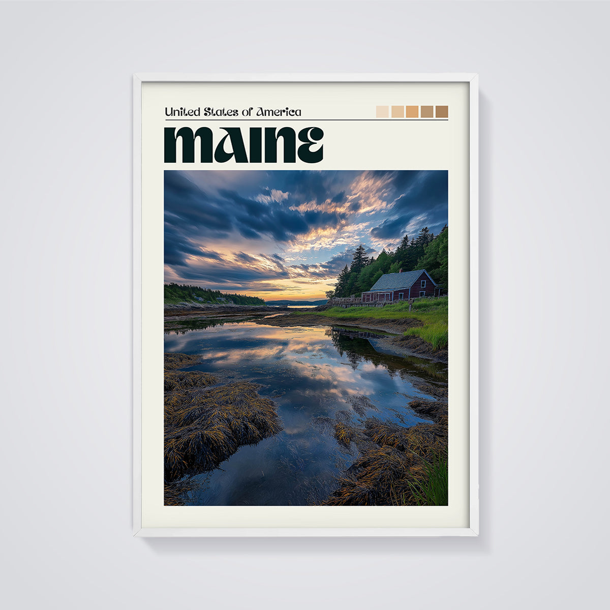 Maine Coastal House Sunset Print framed in white on a grey background