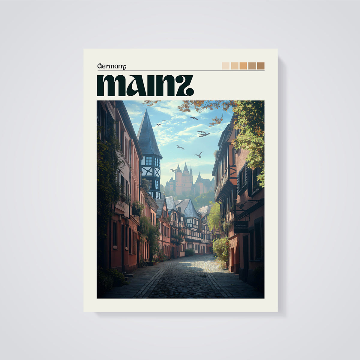 Mainz Germany Streetscape Print unframed on a grey background