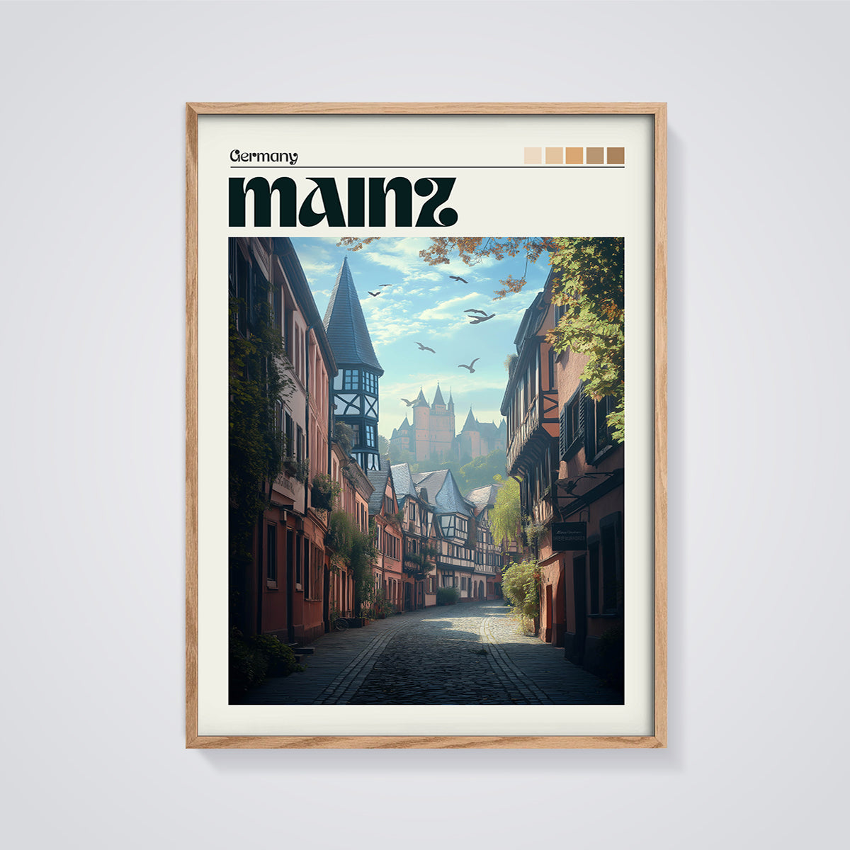 Mainz Germany Streetscape Print framed in oak on a grey background