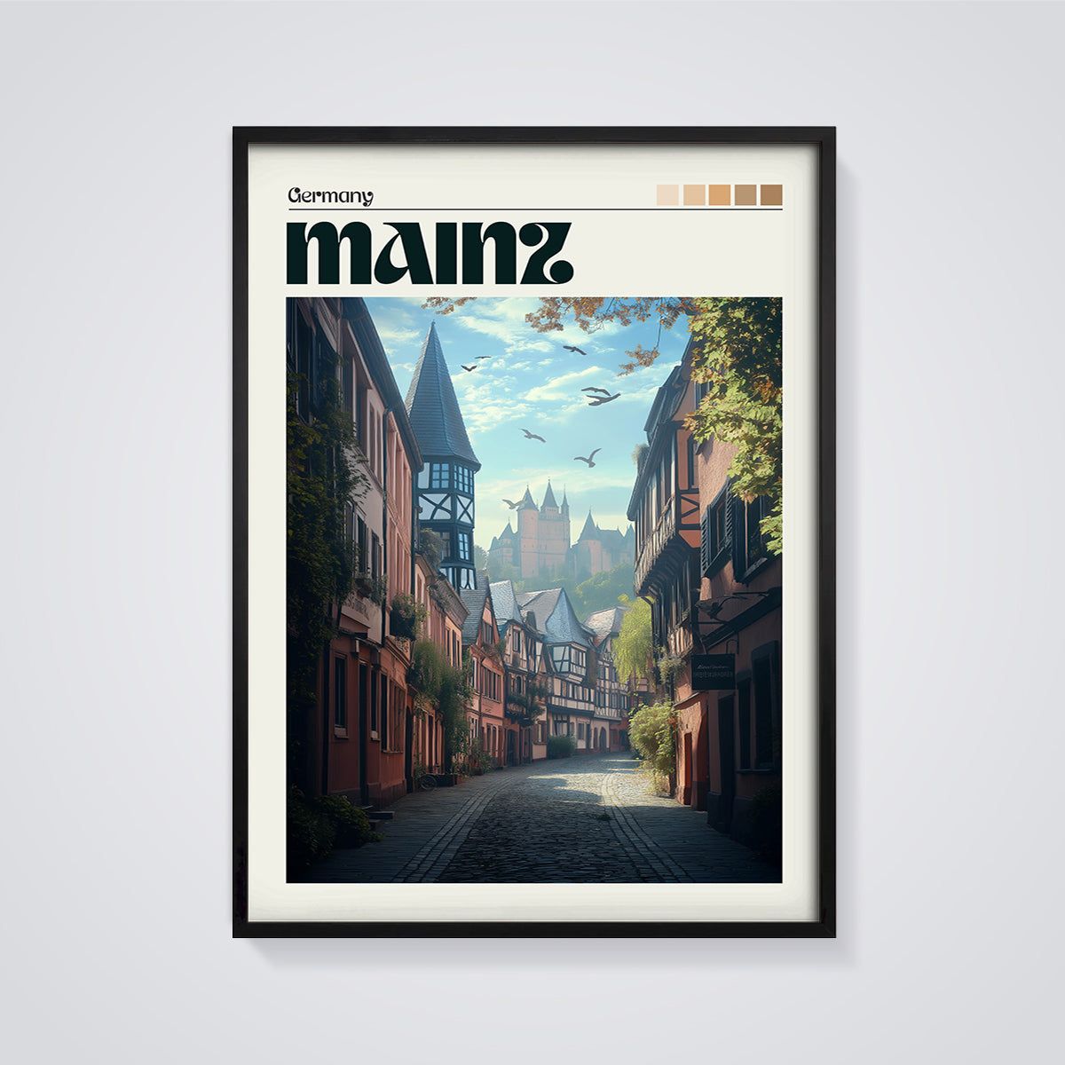 Mainz Germany Streetscape Print framed in black on a grey background