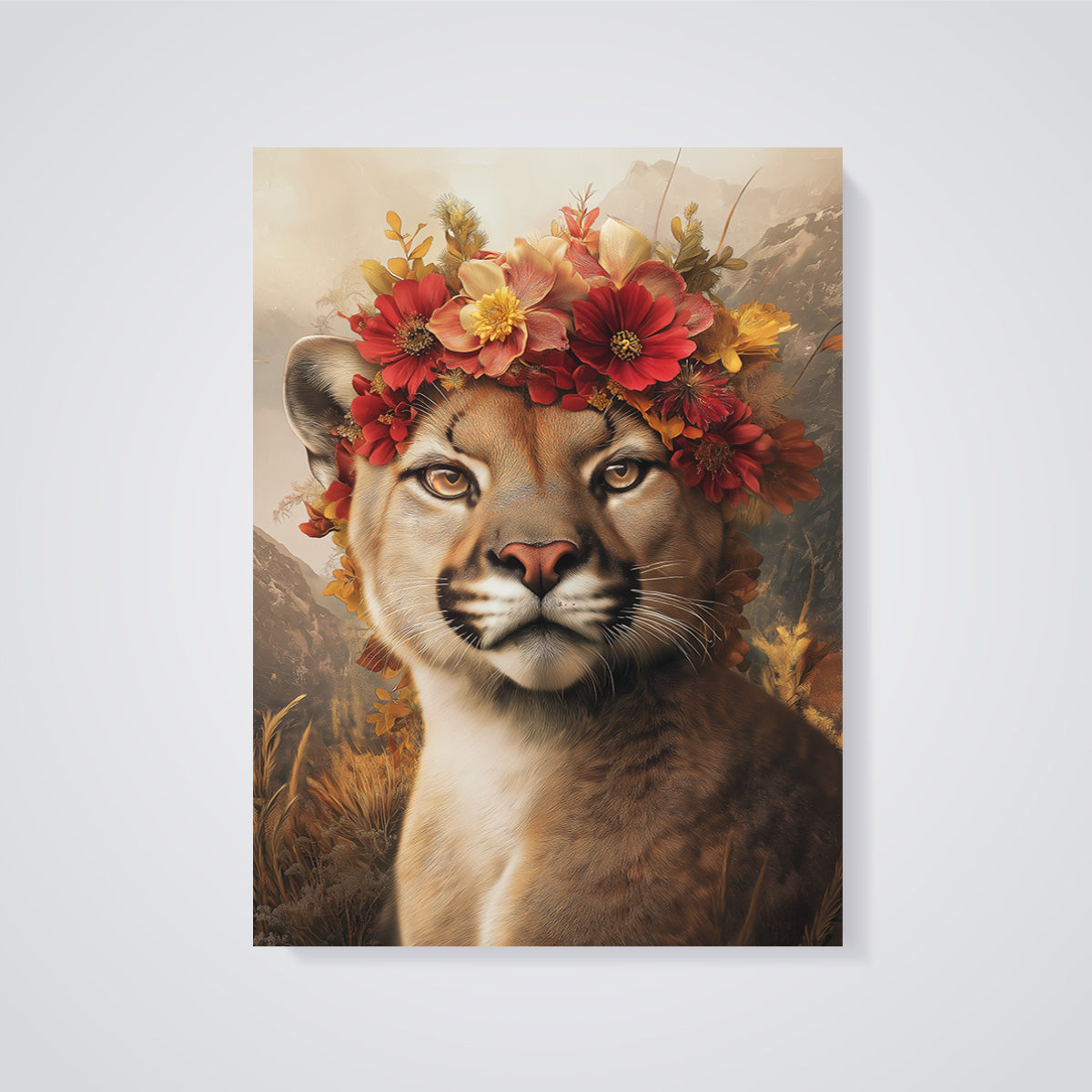Majestic Cougar Floral Crown Print unframed on a grey background