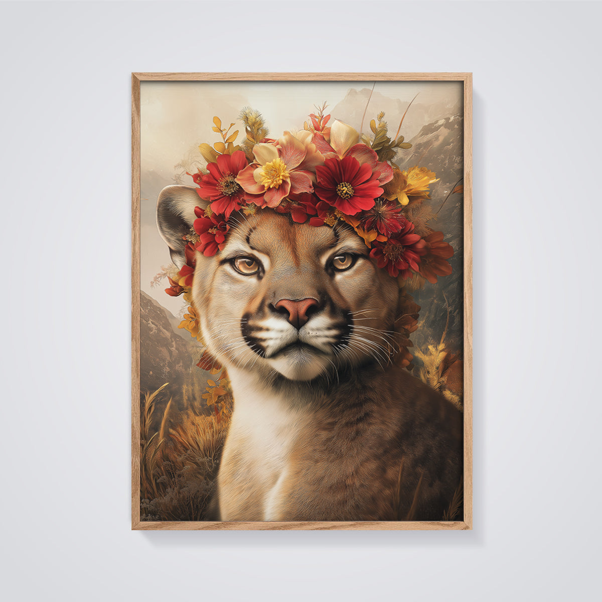 Majestic Cougar Floral Crown Print framed in oak on a grey background