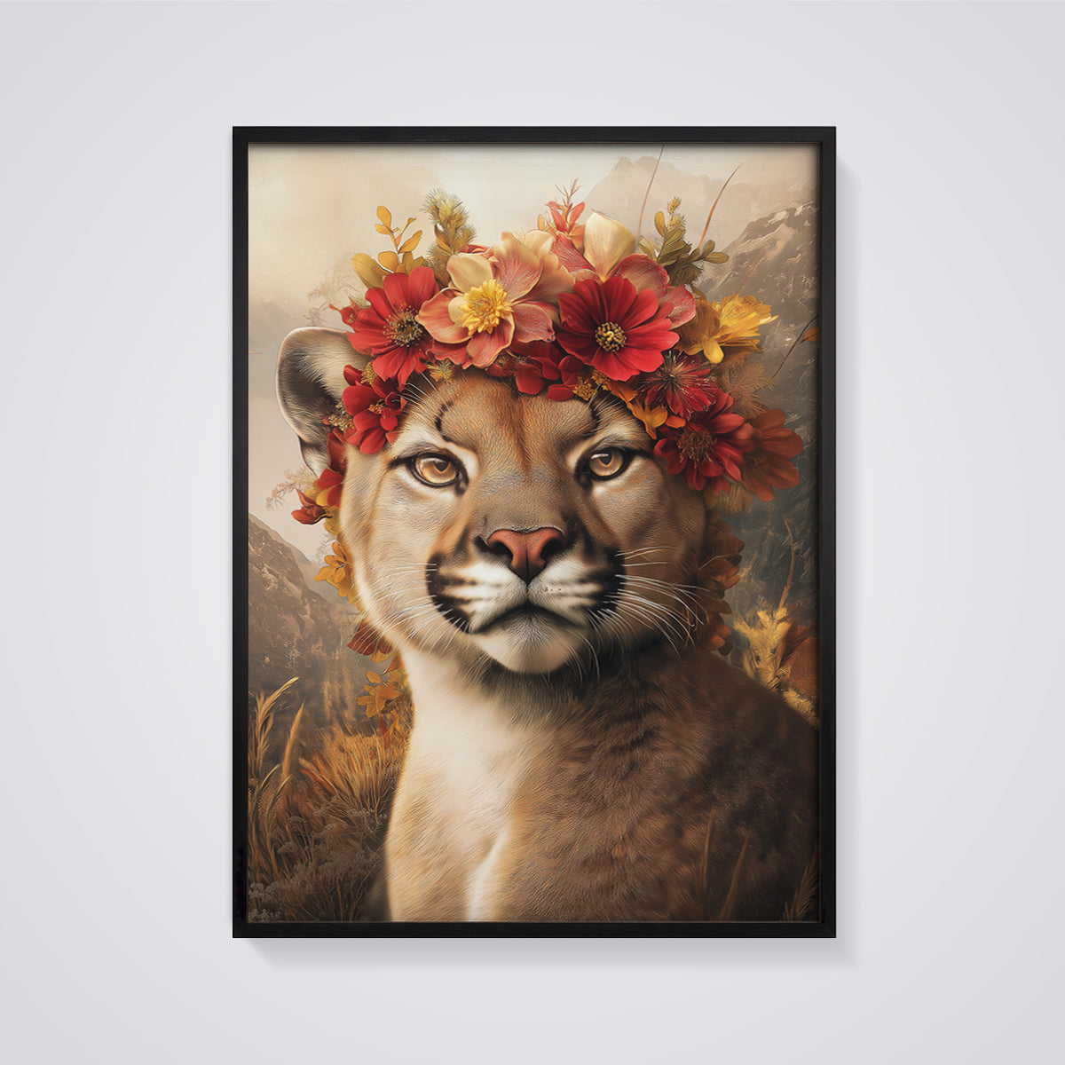 Majestic Cougar Floral Crown Print framed in black on a grey background