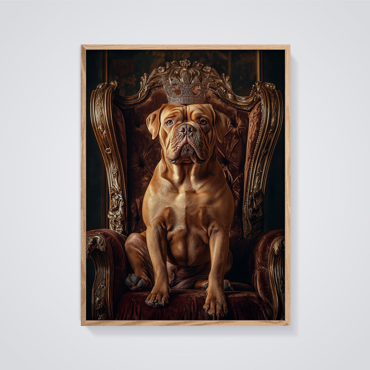 Majestic Crowned Dog Print framed in oak on a grey background