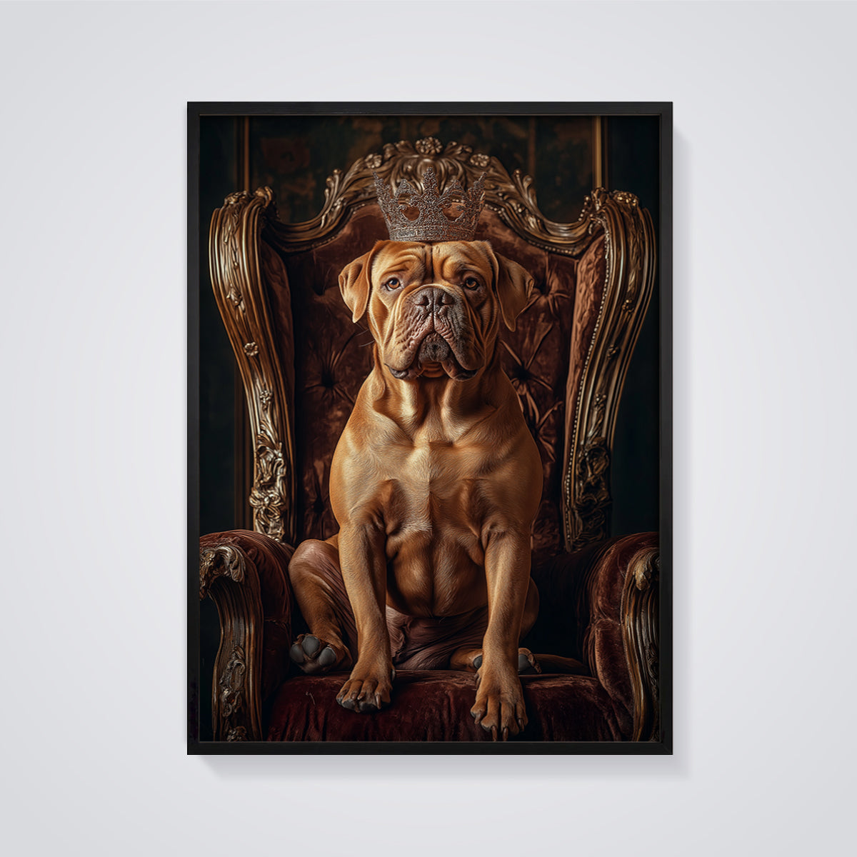 Majestic Crowned Dog Print framed in black on a grey background
