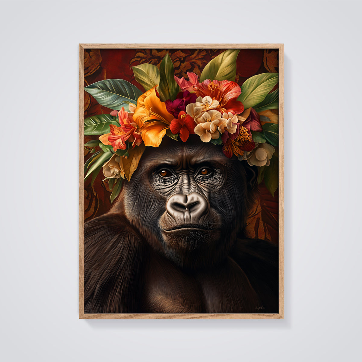 Majestic Gorilla Flower Crown Print framed in oak on a grey background