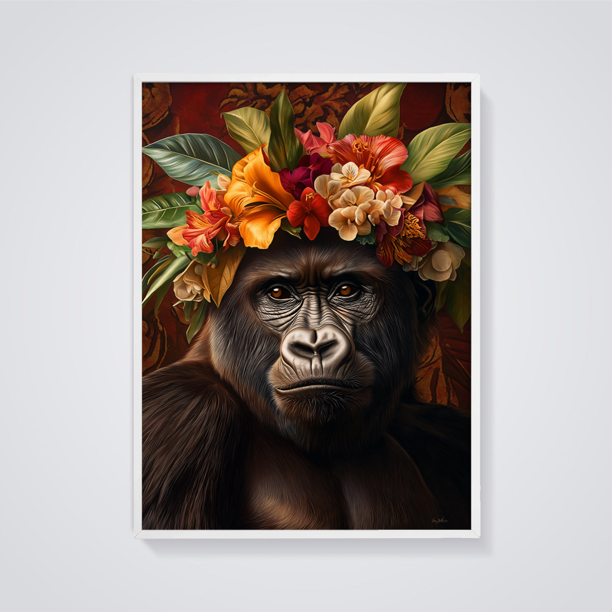 Majestic Gorilla Flower Crown Print framed in white on a grey background