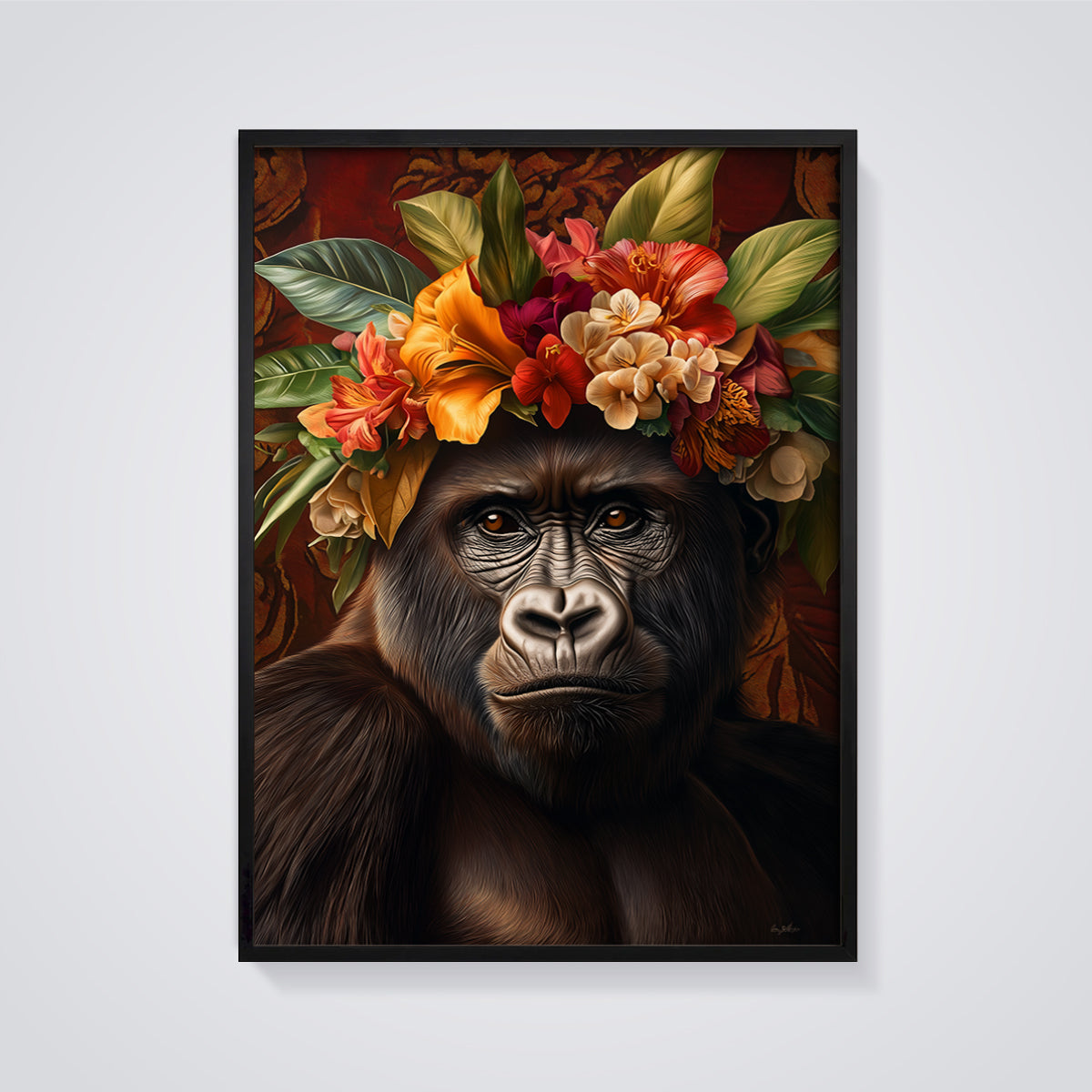 Majestic Gorilla Flower Crown Print framed in black on a grey background