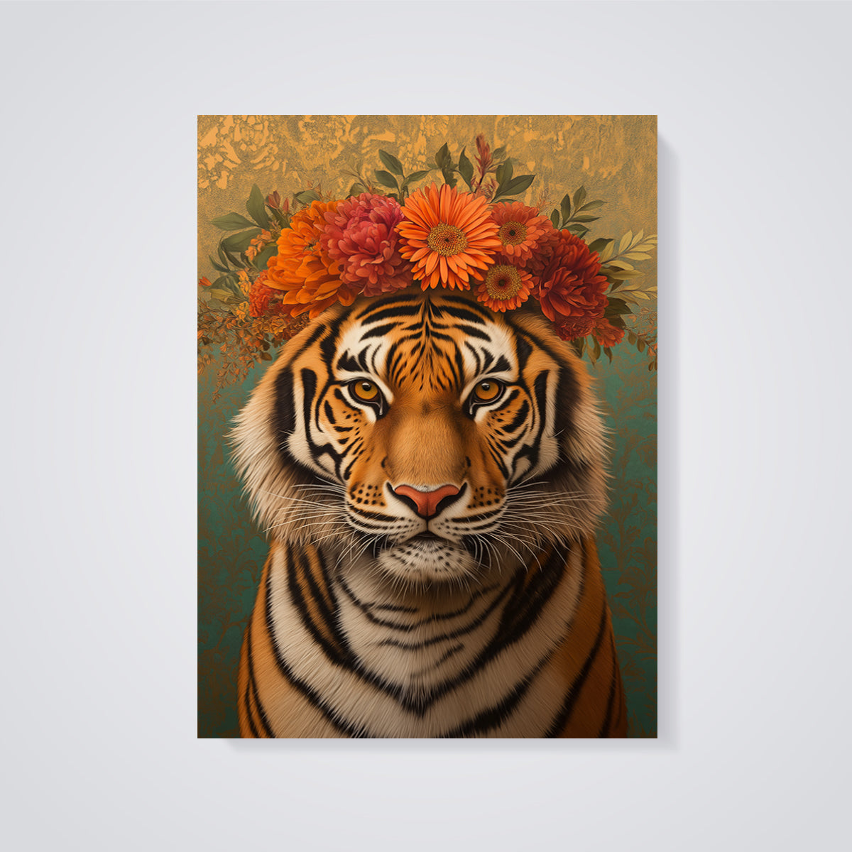 Majestic Tiger Floral Crown Print unframed on a grey background