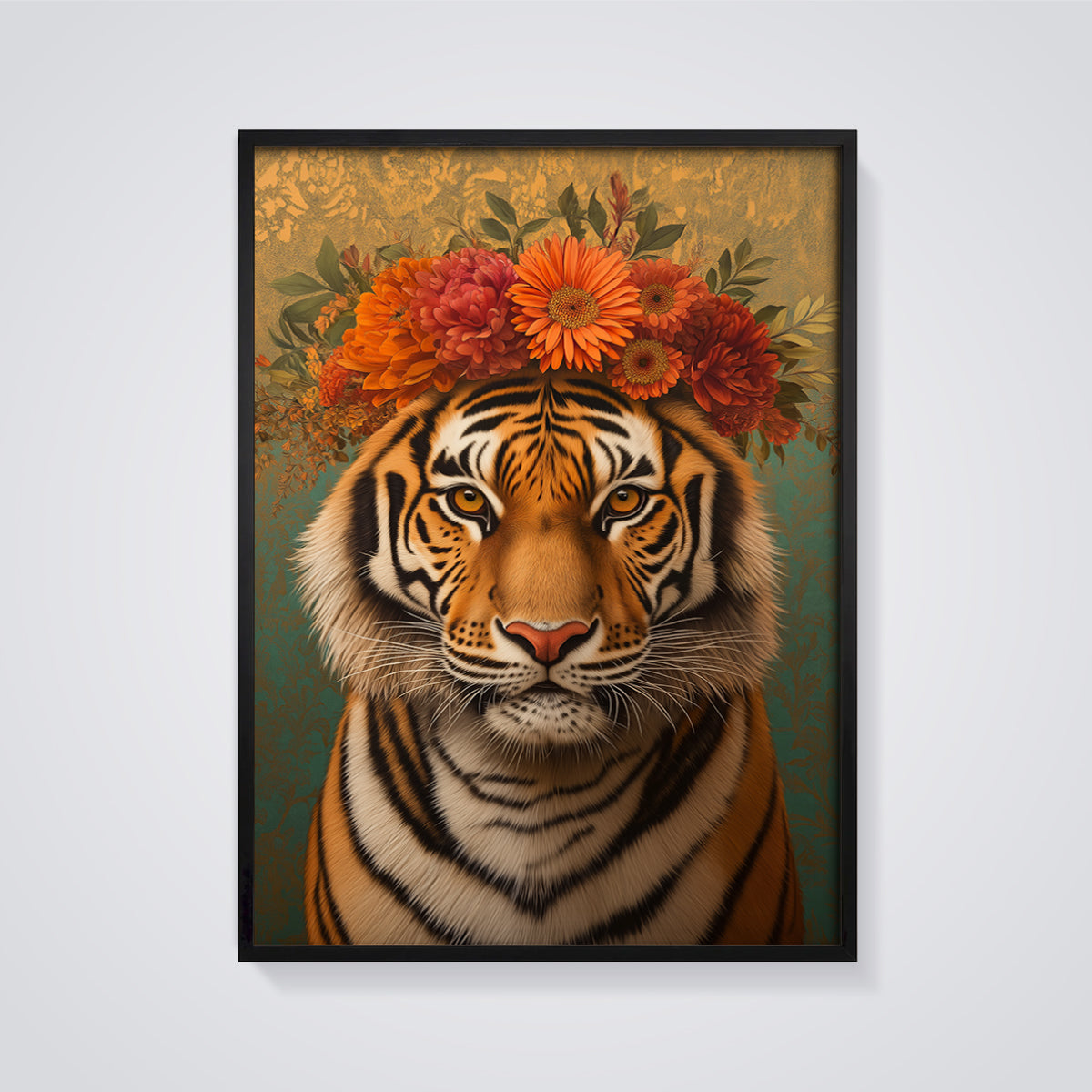 Majestic Tiger Floral Crown Print framed in black on a grey background