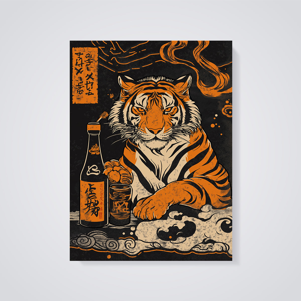 Majestic Tiger Sake Bottle Print unframed on a grey background