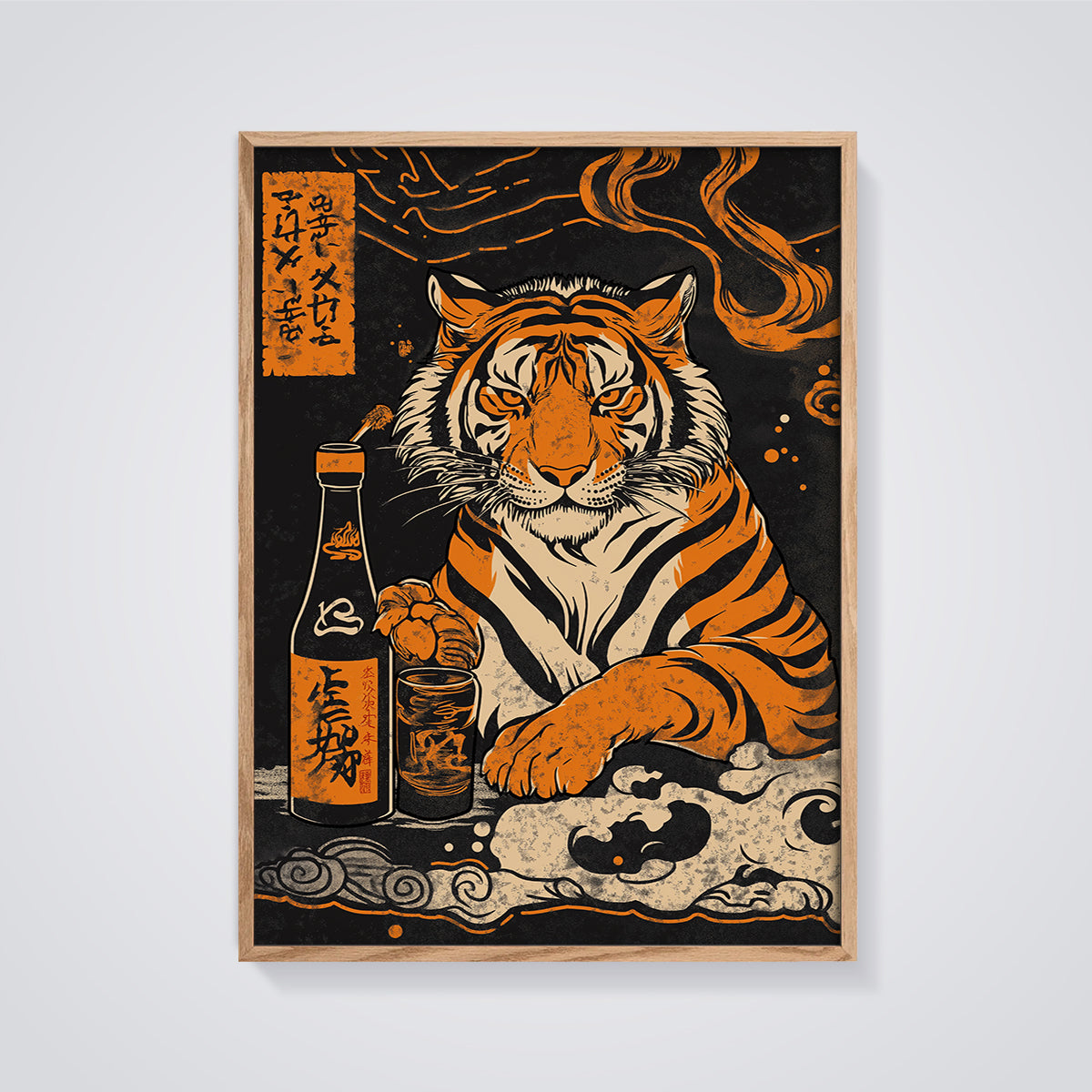 Majestic Tiger Sake Bottle Print framed in oak on a grey background