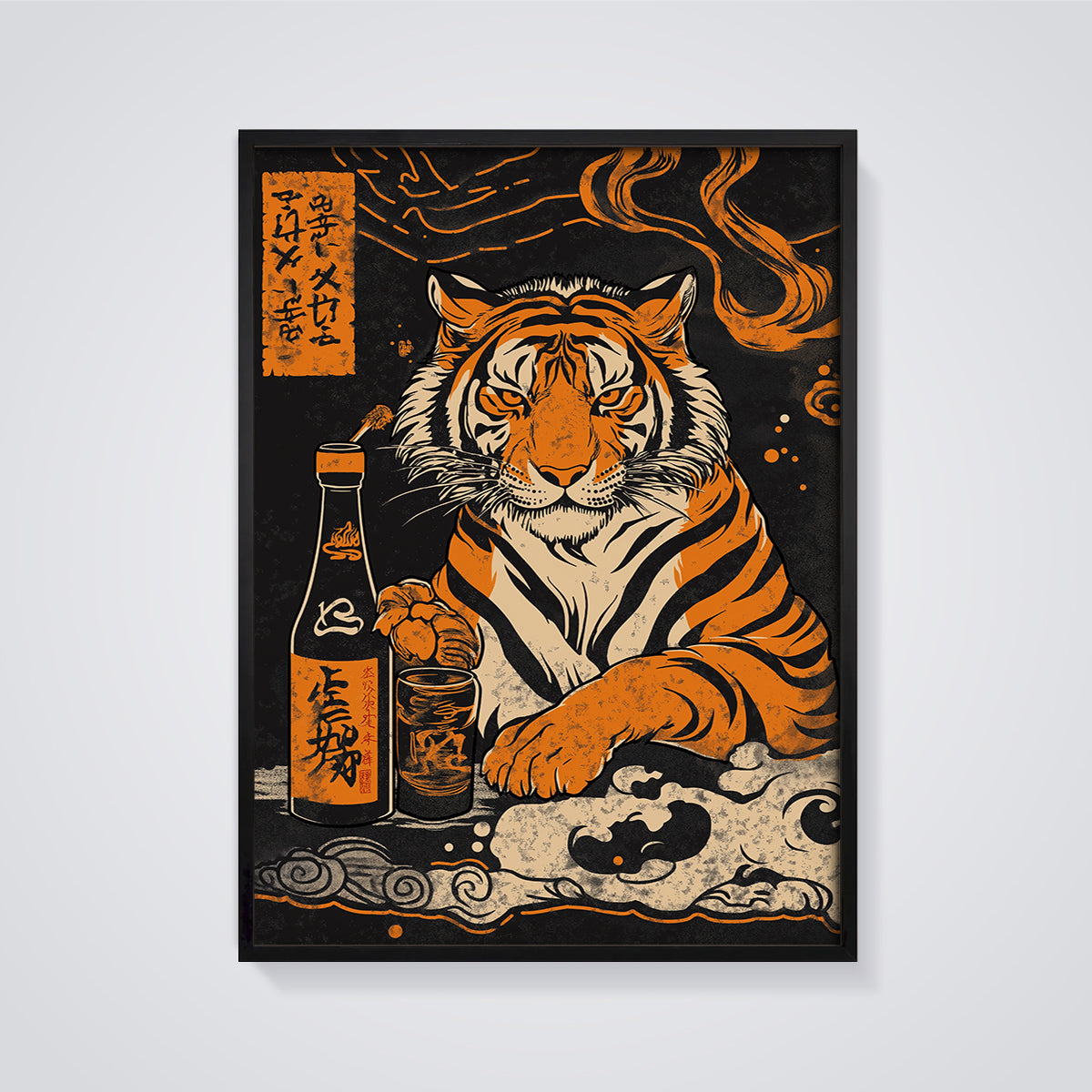 Majestic Tiger Sake Bottle Print framed in black on a grey background