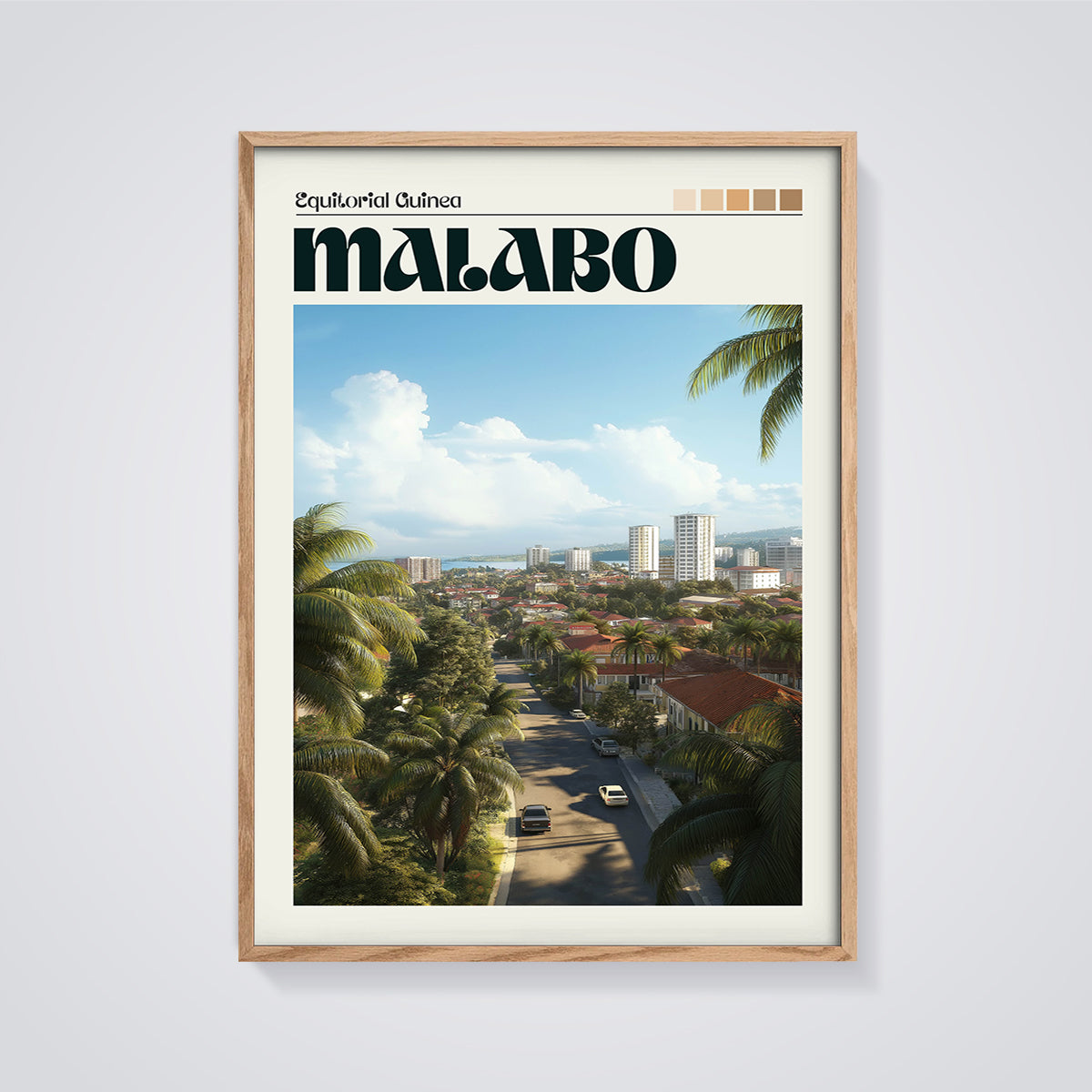 Malabo Equatorial Guinea Print framed in oak on a grey background